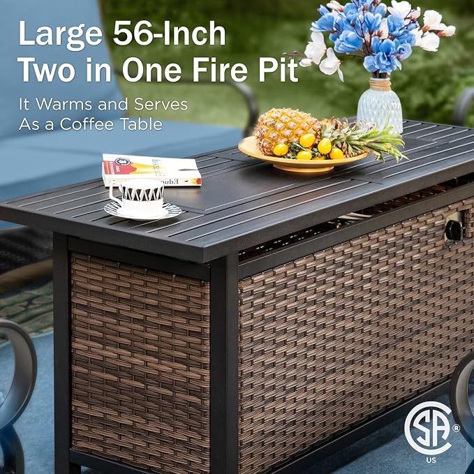 PHI VILLA Patio Furniture Set with 56" Fire Pit Table, Metal Frame Outdoor Conversation Sets, Wicker Patio Sectional Sofa Set with Ottomans for Porch, Deck, Poolside(6 Pieces, Navy)