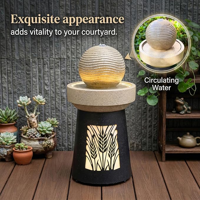 32.1" H Modern Wheat Field Outdoor Water Fountain with LED Lights and Pump, Floor Standing Waterfall Feature Outdoor Garden Fountain for Garden, Porch, Patio and Backyard Decor
