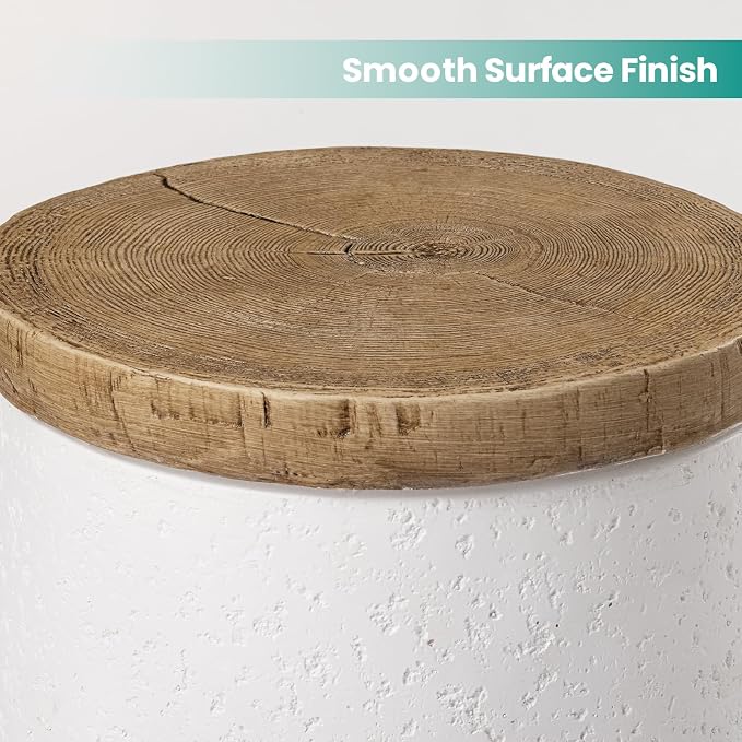 SUNBURY Outdoor Side Table, 13" W Concrete End Tables for Patio, Accent Side Table, Garden Stool Wooden-Look Top Lightweight for Livingroom Bedroom, Garden, Backyard, White