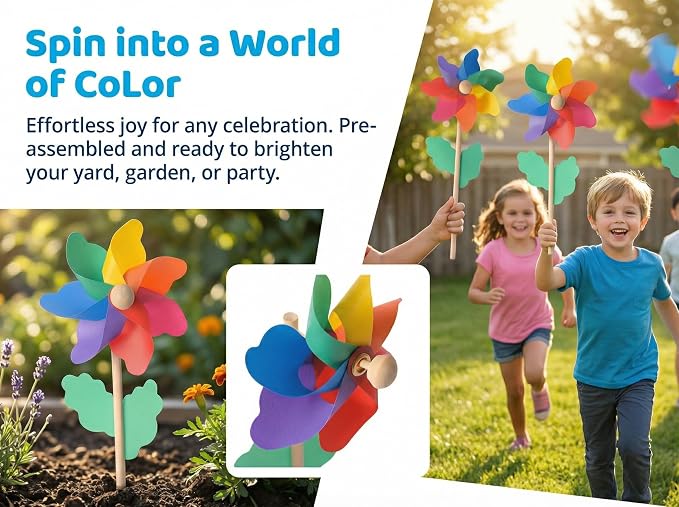 Jucoan 20 Pack Rainbow Pinwheels for Yard and Garden, Colorful Flower Pinwheels Toy for Kids, Plastic Wind Spinners for Outdoor Birthday Party Decor, No Assembly Required
