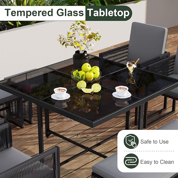 Tangkula 9 Pieces Patio Dining Set, Outdoor Space-Saving Furniture Set with PE Rattan Chairs, Tempered Glass Table and Ottomans, Outdoor Sectional Conversation Set with Cushions for Yard