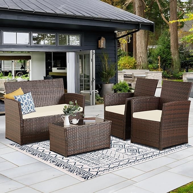 4 Piece Patio Furniture Set, Outdoor Wicker Conversation Set, Rattan Sectional Sofa Couch with Glass Coffee Table & Thick Cushion for Backyard, Porch, Garden, Poolside, Brown/Beige