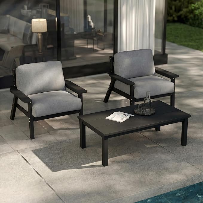 Patio Furniture Set with Washable Thick Gray Cushions, HDPE Outdoor Couch, All-Weather Outdoor Sectional Furniture, Patio Conversation Sets for Lawn, Garden, Porch (Black Frame)