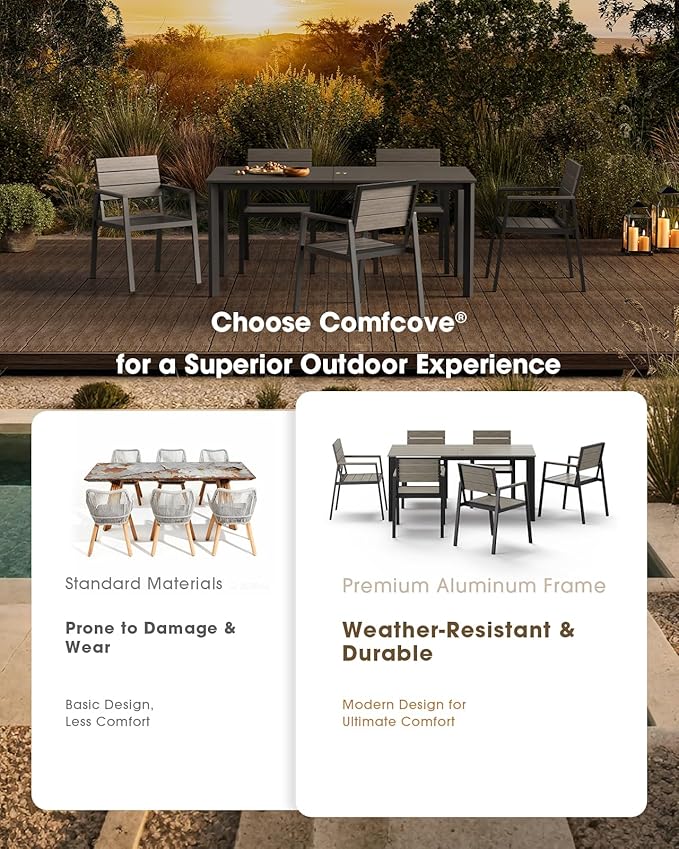 Outdoor Dining Set for 6, Aluminum Patio HDPS Outdooor Table and Chairs Set with Umbrella Hole, All Weather Patio Furniture Set, 7 Peice Patio Dining Table Set (Classic Gray)