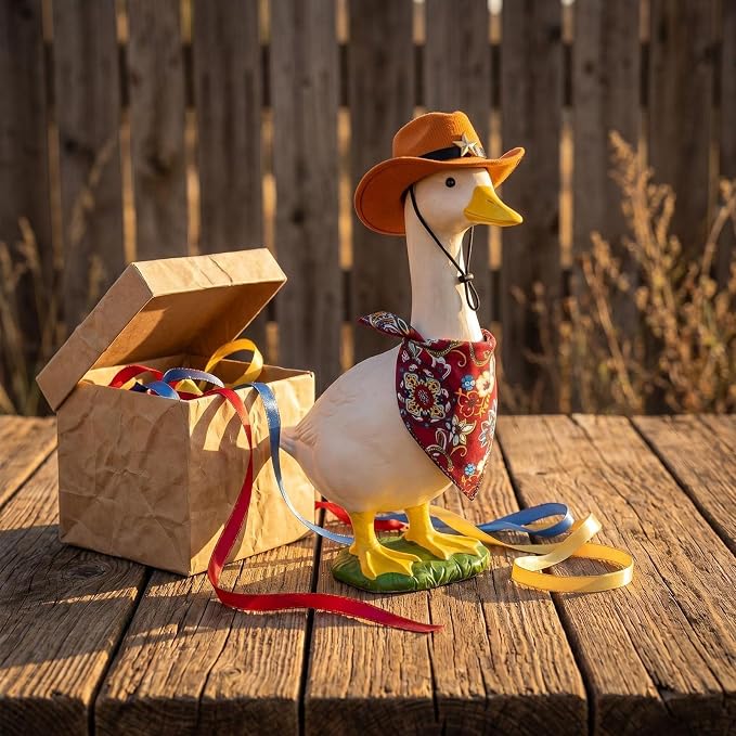 Western Cowboy Porch Goose Outfits – 2PCS Goose Costume Texas Ranger Hat & Bandana for 23 Inch Statue, Outdoor Garden Yard Patio Decor, Cowboy Goose Outfits for Porch Goose