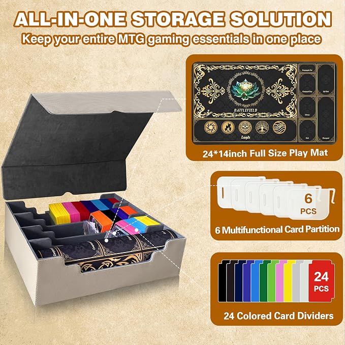 PROMAXIBINDER Trading Card Storage Box Fits 4000+ Cards, 4-Row MTG Commander Deck Case with Playmat, 6 Movable Partitions 24 Dividers PU Leather Magnetic Closure, Magic/TCG/YuGiOh/Sport (Grey)