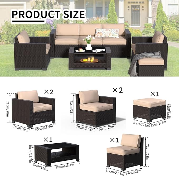 SHGJ&SOFT 7 Piece Patio Furniture Set, Wicker Outdoor Sectional Sofa with Washable Cushion Covers and Tempered Glass Table, Rattan Conversation Set for Poolside