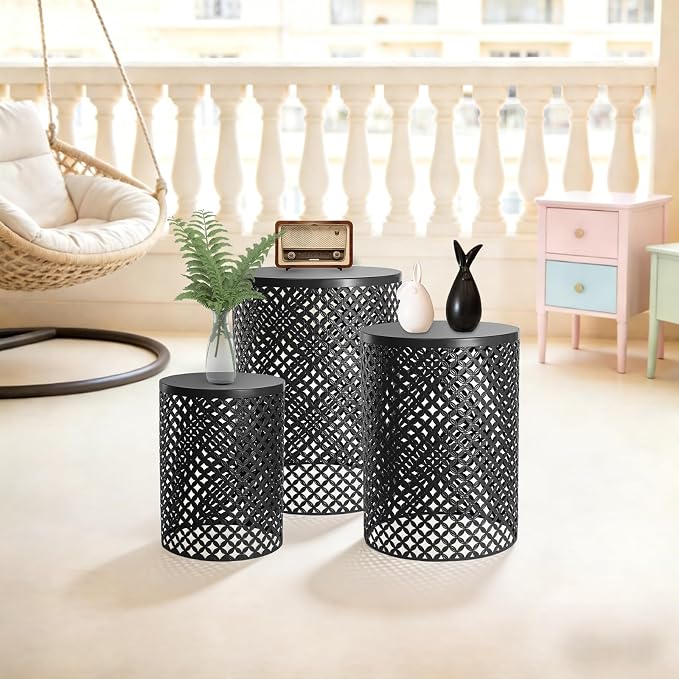 3 Piece Outdoor Coffee Table Side Table Set, Black Metal Round End Tables for Patio, Small Stackable Nesting Tables, Heavy Duty Decorative Accent Table Garden Stools for Balcony, Indoor Living Room