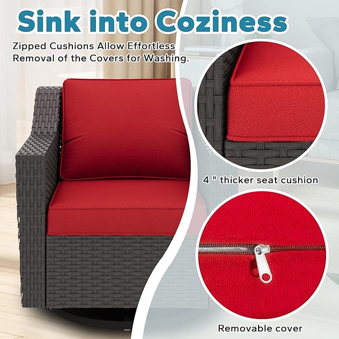 6 Pieces Patio Conversation Furniture Set - 1 Sofa, 2 Swivel Chairs, 2 Ottomans, 1 Side Table, Outdoor Wicker Furniture with Removable Cushions for Porch, Balcony, Sunroom (Red)