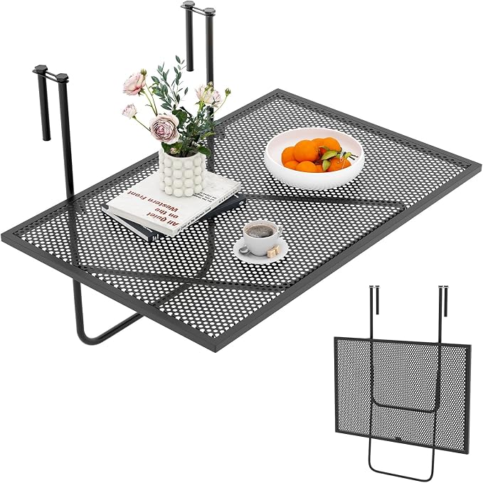 Tangkula Balcony Railing Table, Outdoor Folding Hanging Table with Metal Frame, Space-Saving Bar Serving Table Fits Railings Up to 2.4” Thick for Patio, Porch, Deck