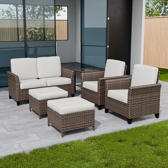 COOS BAY Harbor Retreat 6 Piece Outdoor Furniture Set, Patio Conversation Set with Patio Chairs, 2 Seat Loveseat, Side Table and Ottomans, Wicker Furniture, Brown/Beige