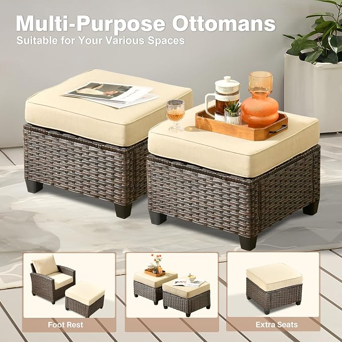 ovios 6 Pieces Patio Furniture Set, Outdoor Wicker Sofa Couch with 42" Fire Pit Table Comfy Cushions, All Weather Brown Rattan Conversation Set for Backyard Deck, Beige