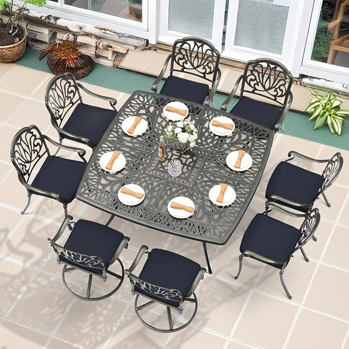 MEETWARM 9-Piece Outdoor Patio Dining Set for 8, All Weather Cast Aluminum Patio Funiture Table and Chairs Set- 64" Square Table and 2 Swivel Rocker Chairs, 6 Stationary, Umbrella Hole, Navy Blue