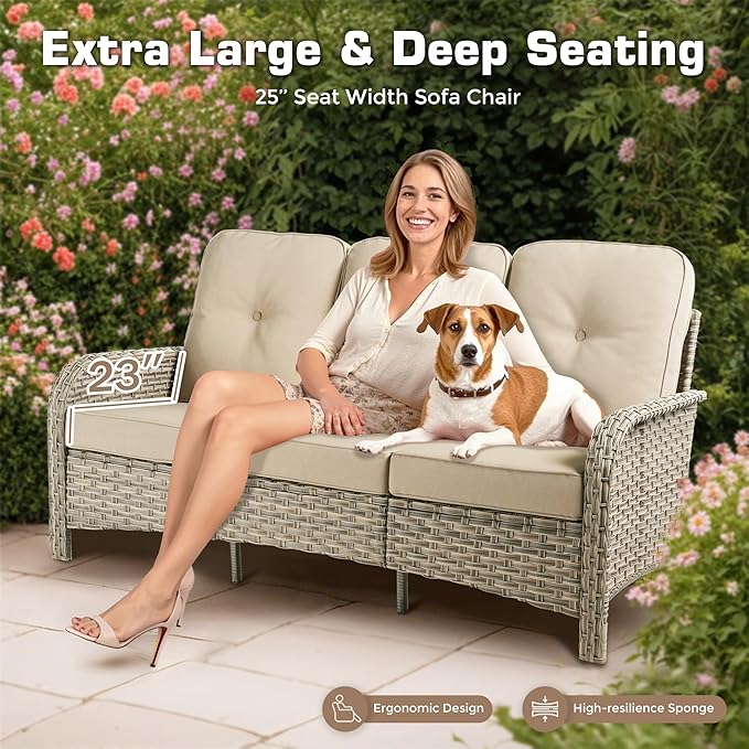 6-Piece Outdoor Patio Furniture Set with Fire Pit Table,All Weather Wicker Rattan Patio Seating Sofa and Chair Set with Ottomans,Outdoor Conversation Sets with 3 Seater Couch for Porch Deck Yard,Beige