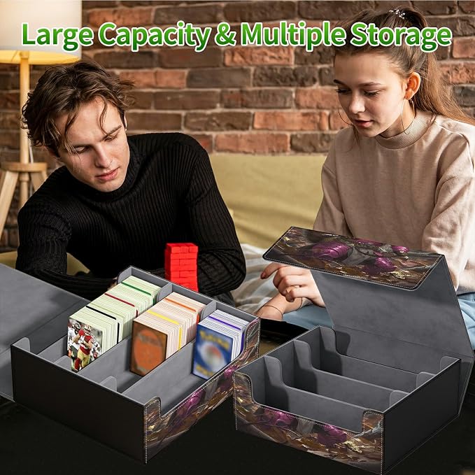 Large Card Deck Box for MTG, Fits 1200+ Sleeved Cards, PU Leather Storage Case with Strong Magnetic Closure, Multiple Colors for TCG CCG Baseball Card Collections, Purple Lightning Squirrel