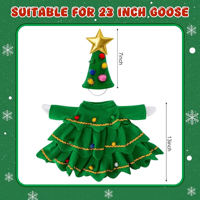 Watayo 2 Pcs/Set Christmas Tree Porch Goose Outfits, Lawn Goose Statue Xmas Tree Costume, Green Christmas Garden Goose Clothes Dress and Hat for 23" High Statue Xmas Holiday Patio Yard Decor