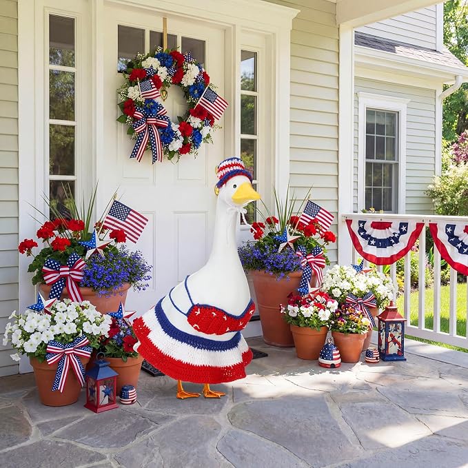 Abbylike 4th of July Bikini Porch Goose Outfit Patriotic Crochet Clothes Red White Blue Geese Summer Costume Fits 23'' Cement Statue for Independence Day Lawn 250th Outdoor Patio Art Decor