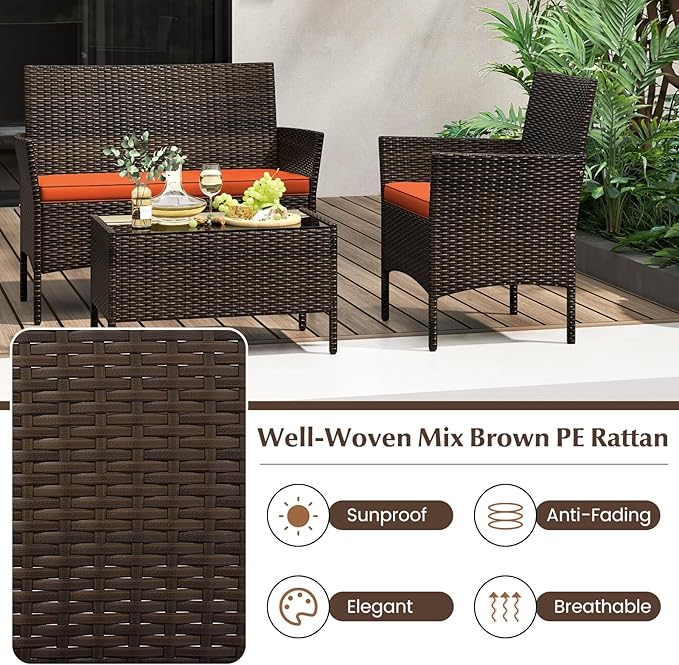 Tangkula 8 Piece Patio Rattan Conversation Set, Outdoor Wicker Furniture Set with Chair, Loveseat & Tempered Glass Table, Cozy Seat Cushions, Outside Sectional Sofa Set for Backyard (2, Orange)