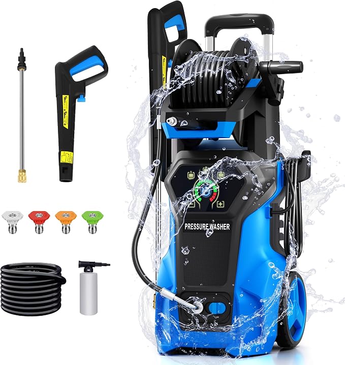 𝟓𝟎𝟎𝟎𝐏𝐒𝐈 𝐏𝐫𝐞𝐬𝐬𝐮𝐫𝐞 𝐖𝐚𝐬𝐡𝐞𝐫 Cleaner, Portable Car Washer with 4 Quick Connect Nozzles, Foam Cannon for Car Driveway Patio Fence (Blue)