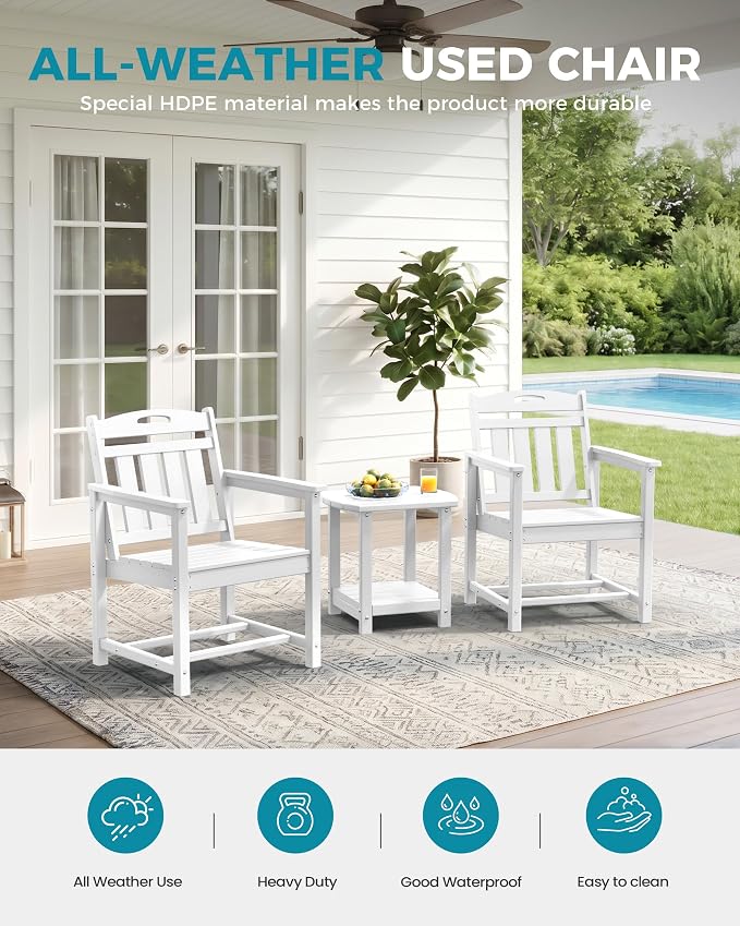 Ciokea Outdoor Patio Dining Chair, HDPE Oversized Porch Chairs with Wide Seat, All-Weather Durable Heavy-Duty Outdoor Furniture for Backyard, Poolside, Lawn & Garden, White