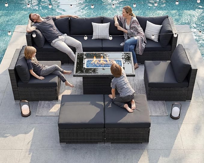 BULEXYARD 9 Pcs Highback Patio Furniture Set with Firepit, High-End Outdoor Sectional Couch with Ottoman 8-Seats, Cozy Comfy Wide Deep Deck Seating Group Conversation, Grey Rattan & Dark Gray Cushion