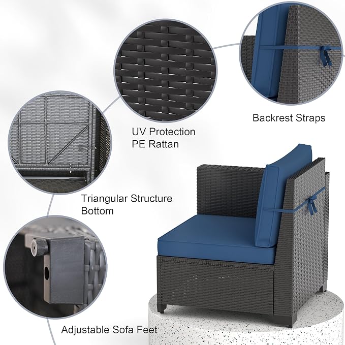 Patio Furniture Set, 7PCS Outdoor Sectional with Ottoman Wicker Rattan Patio Couch with Thickened Cushion Modular Wicker Patio Conversation Set with Glass Top Table for Balcony, Backyard (Dark Blue)