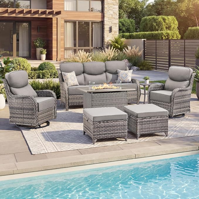 Luxury Patio Furniture Set with 6-inch Thick Cushion, Outdoor Furniture with Fire Pit Table, Swivel Chairs, Sofa, Side Table, Ottomans, 7pcs Wicker Conversation Set Grey Wicker | Grey Cushions