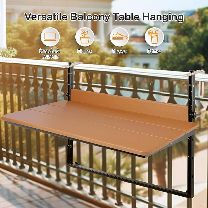 Balcony Railing Hanging Table Outdoor Folding Balcony Bar Table for Railings, Fit Railings 1" to 5.5", Adjustable Height Deck Railing Table for Garden Patio, 31.5" x 15.0", Teak