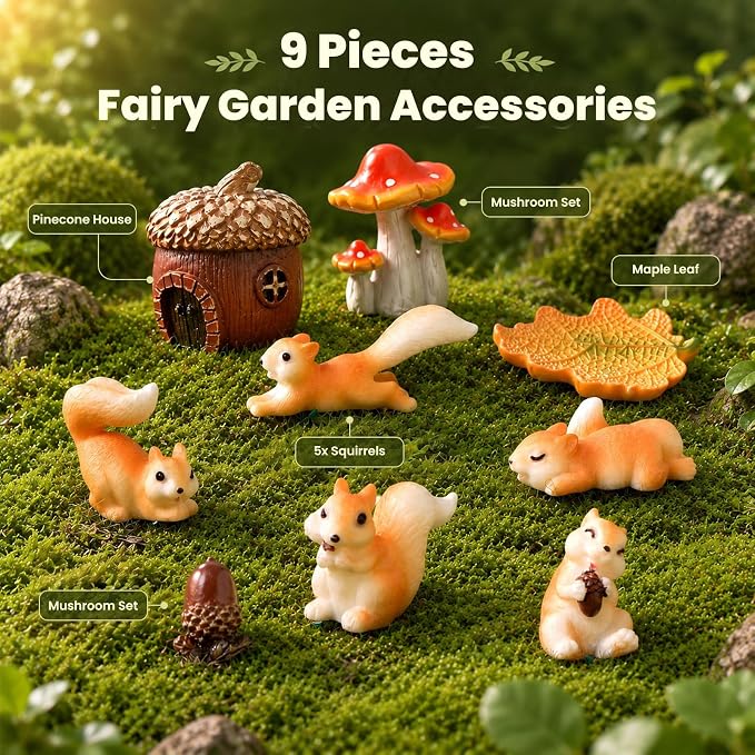 Fairy Garden Accessories, 9 Pieces Squirrel Resin Figures with Pinecone House Mushroom Leaf, Handmade Miniature Decor, Garden Miniatures Decors for Outdoor Home, Perfect DIY Gift