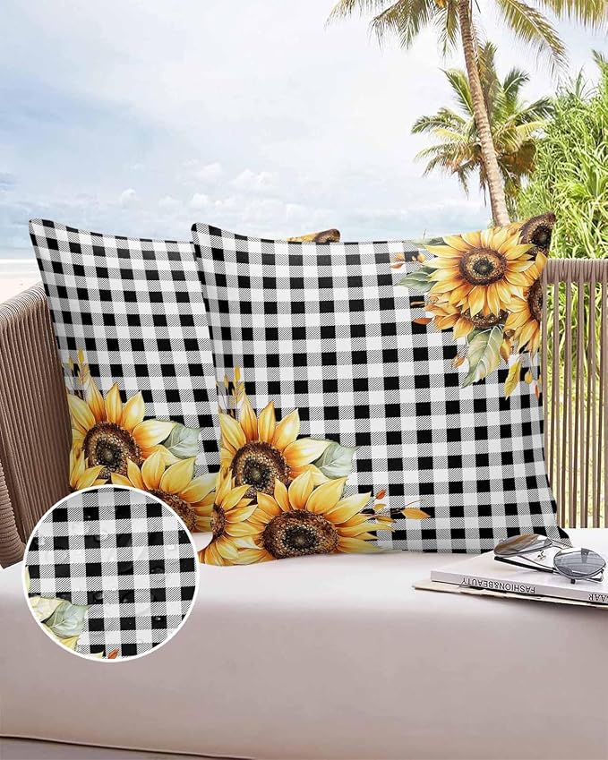 Sunflower Outdoor Waterproof Throw Pillow Covers 16"x16" Set of 2, Buffalo Check Plaid Sunflower Decorative Garden Pillowcase with Zipper Retro Farmhouse Cushion Case for Patio Couch Tent