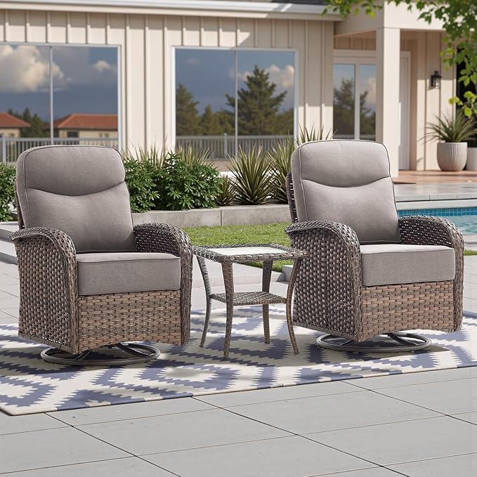 Luxury 6-Inch Cushion Outdoor Swivel Rocker Patio Chairs with Side Table, High Back Wicker Patio Furniture Set for Deck Porch Garden Balcony and Poolside Gray Cushion