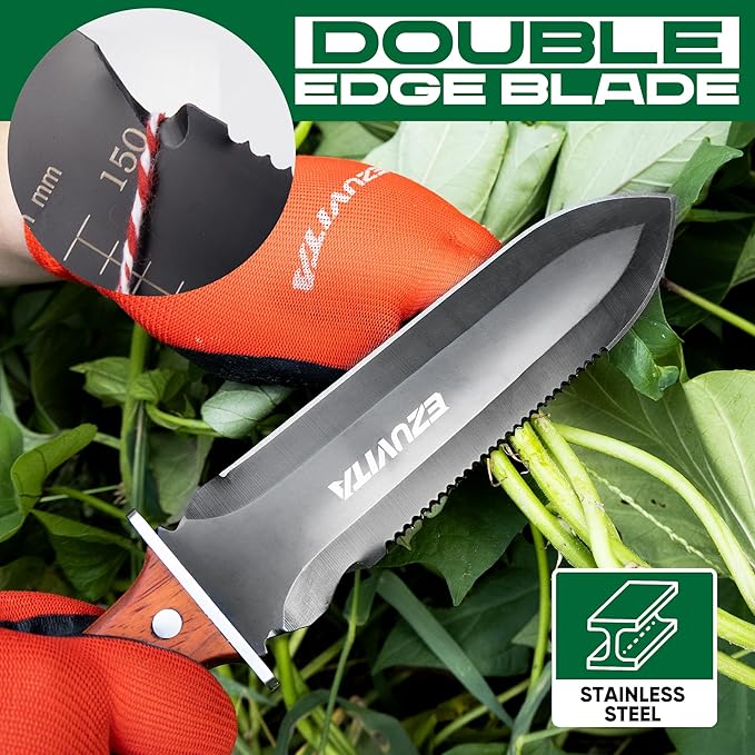 Hori Hori Garden Knife, Gardening Tools with Leather Sheath for Weeding, Gardening, Digging, 7” Stainless Steel Blade with Black Electrophoresis Coating, Double Cutting Edge, Full Tang Wood Handle with Hanging Hole, Mothers Day Gift