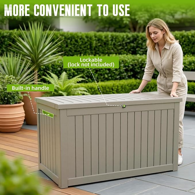 DRATO 280 Gallon Deck Boxes Outdoor Waterproof, Resin Large Lockable Storage Box with Lid, Outdoor Storage Bench Patio Cushions Furniture, Garden Tools, Pool Accessories (Grey, 280 Gallon)