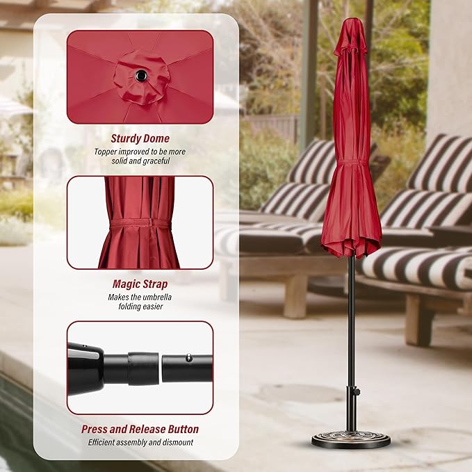 Simple Deluxe 9FT Outdoor Patio Umbrella Table Market Umbrella with Push Button Tilt and Crank, 8 Sturdy Ribs, UV Protection Waterproof for Garden, Lawn, Deck, Backyard, Pool, Red