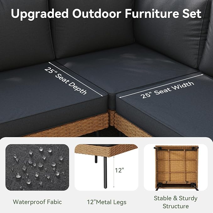Aoxun 6 Piece Patio Furniture Set, 6 Seats Outdoor Sectional Sofas with Thick Cushion, Wicker Outdoor Patio Furniture Set with Ottomans for Party, Garden, Backyard, Black