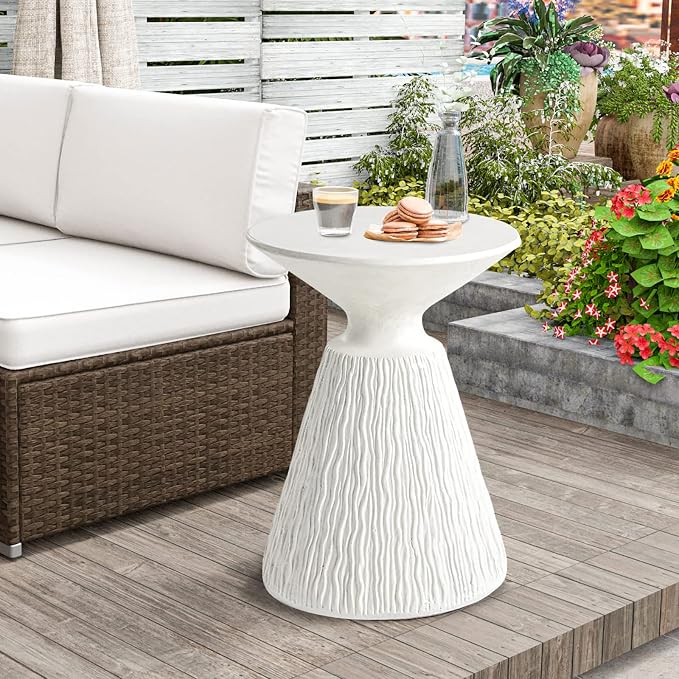 HOMPUS Outdoor Concrete Side Table Mushroom Shaped Cute Morden End Table Patio Decor Round Coffee Accent Table Garden Stool for Livingroom,Outside,Balcony,Pool (Milk White)