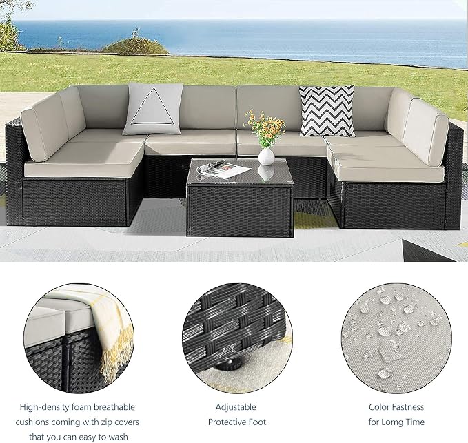 VITESSE Patio Furniture Sets All Weather Outdoor Sectional Sofa Manual Weaving Wicker Rattan Patio Conversation Set with Cushion and Glass Table (7 Pieces, Beige)