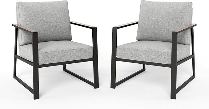 PHI VILLA Patio Furniture Metal Armchair,2 PCS All-Weather Outdoor Contemporary Sofa Chair,Black Frame with Textilene Cushion（Backyard ICON Collection）