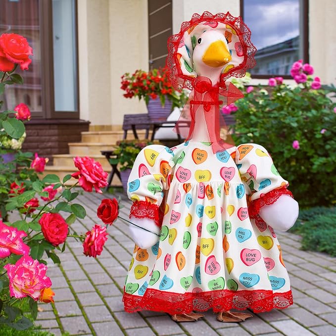 Suzile Valentines Porch Goose Outfit Conversation Heart Clothes for 23" High Cement or Plastic Goose Costume for Yard Lawn Outdoor Garden Patio Geese Statue Dresses Holiday Decor