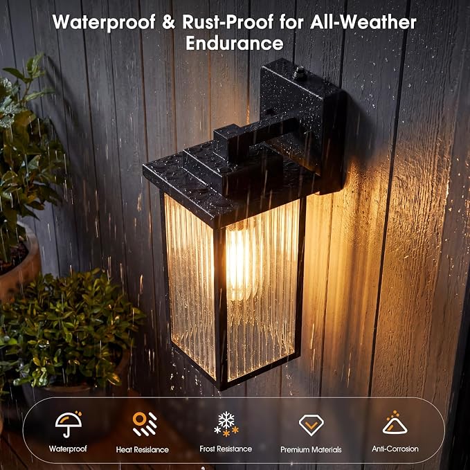 2Pack 15-Inch Dusk to Dawn Outdoor Wall Light, Black All-Metal Frame | Auto On at Dusk, Off at Dawn. Textured Glass. Waterproof Rust-Resistant Metal. Pre-Assembled DIY Install