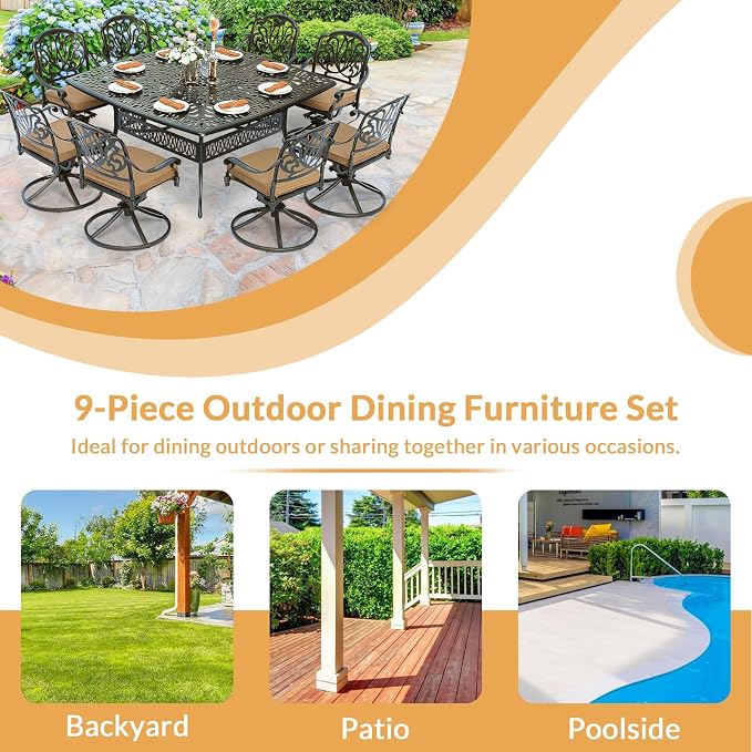 9 Piece Outdoor Patio Dining Set for 8, Cast Aluminium Large Square Dining Table & 8 Swivel Rocker Chairs with Removable Cushions, Umbrella Hole, Patio Furniture Set for Garden, Khaki