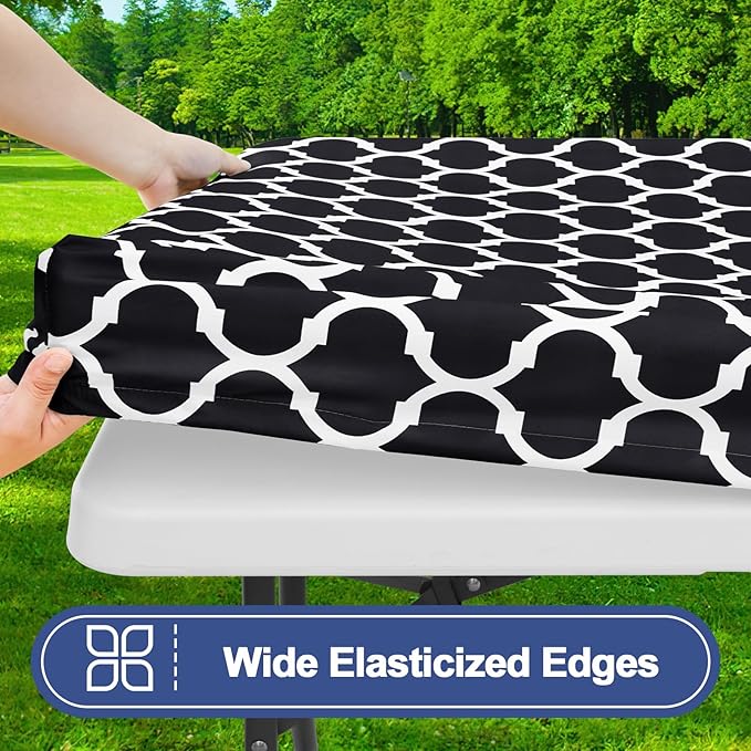 Smiry Picnic Table Cover with Bench Covers, Waterproof Elastic Fitted Tablecloth for 6 Foot Tables, Washable Polyester Tablecloths for Camping, Indoor & Outdoor (Black, 30x72 Inch 3-pc Set)