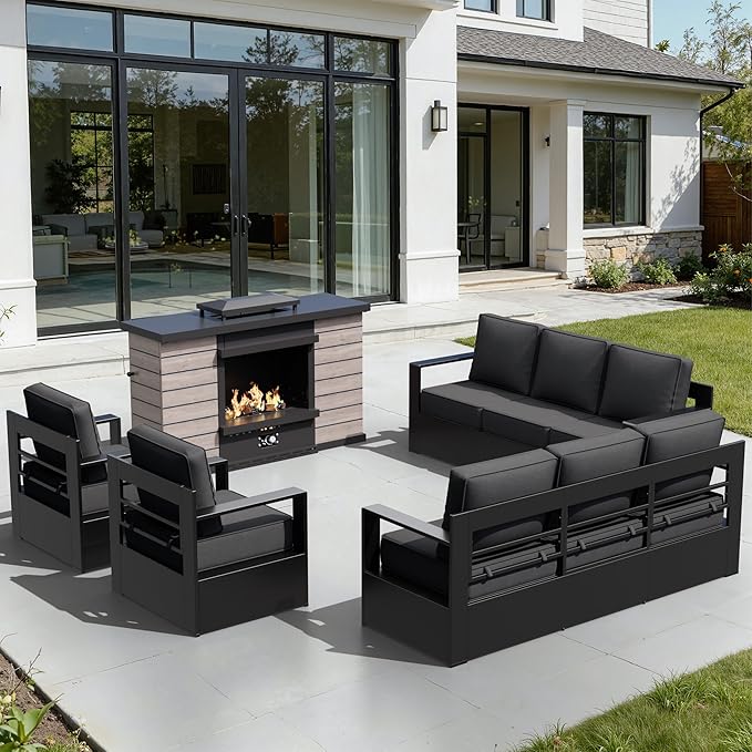 Outdoor Aluminum Furniture Set, 5-Piece Patio Conversation Set, 2 Swivel Chairs, 2 Sofa and 1 Fireplace, All-Weather Metal Frame, 6" Thick Removable Cushions, Deep Setting for Garden and Porch
