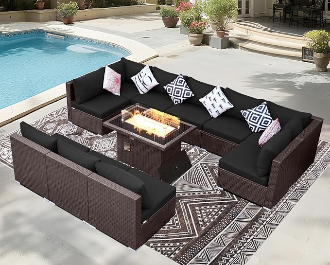 BULEXYARD 11 Piece High Back Wicker Patio Furniture Sets with Fire Pit, Luxury Extra Large Outdoor Seating Set, Comfortable Extra Wide Deep 10-Seater Sectional Couch Sofa for Outside, Brown & Black