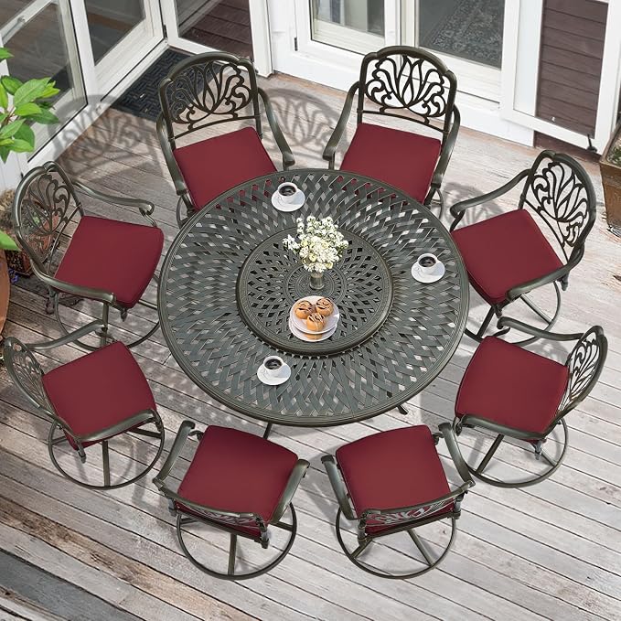 MEETWARM 9-Piece Outdoor Patio Dining Set, All-Weather Cast Aluminum Patio Conversation Set- 8 Cushioned Swivel Rocker, 61" Round Patio Dining Table w/Detachable Lazy Susan/Umbrella Hole, Chili Red