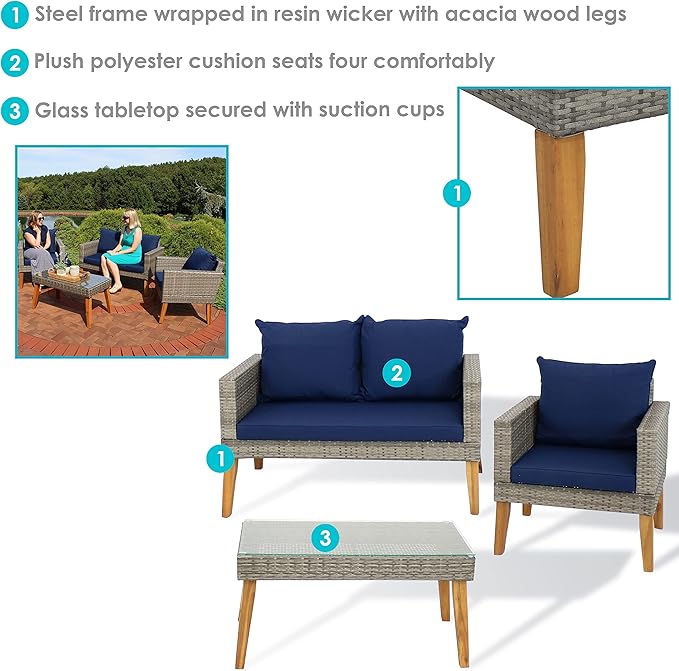 Sunnydaze Clifdon 4-Piece Resin Gray Rattan and Acacia Patio Furniture Set - Thick Navy Blue Back and Seat Cushions