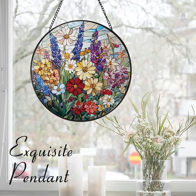Colorful Wildflowers Suncatcher Stained Glass Window Hanging | 7.9 in, Sun Catcher, Garden Decor