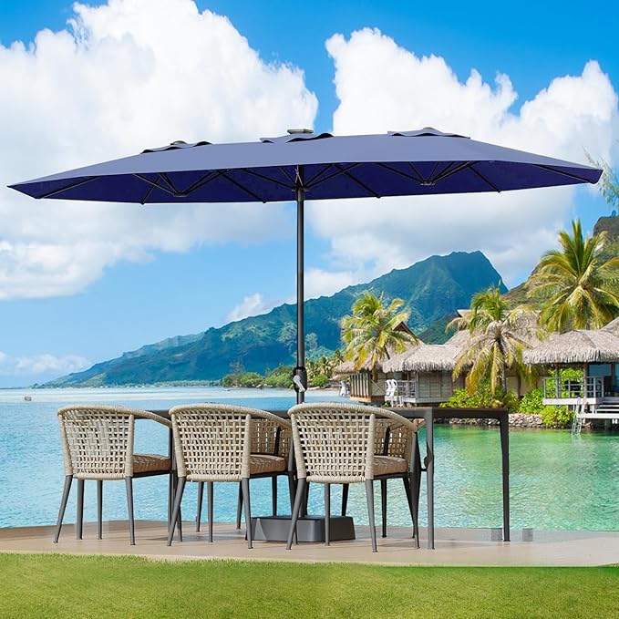 GarveeLife 15 ft Large Patio Umbrella with Lights, 36 LED Lights Double-sided Patio Umbrella with Weighted Base for Poolside Garden Backyard