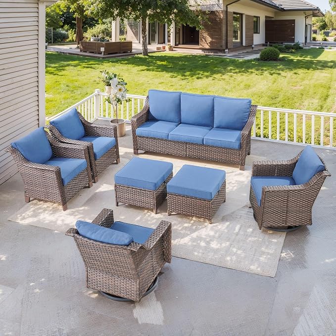 Patio Furniture Sets-Outdoor Wicker Rattan Sofa Couch with Swivel Glider Chair Outdoor Furniture Conversation Set for Porch Garden Backyard Poolside-Brown/Blue