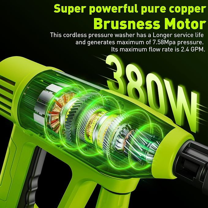 Cordless Car Washer, 1100PSI, Portable Cleaning Tool with 6-in-1 Nozzle, 10 Spray Settings, Battery Display, Self-Priming System for Car, Garden, Patio & Floor